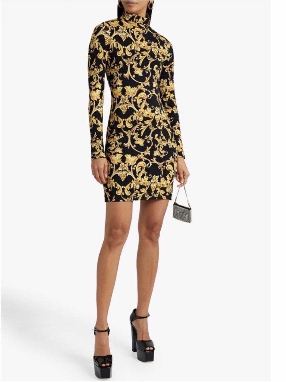 Alice + Olivia Black & Gold Baroque Turtleneck Mini Dress